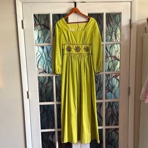 Vibrant Lime Maxi Dress with Floral Embroidery